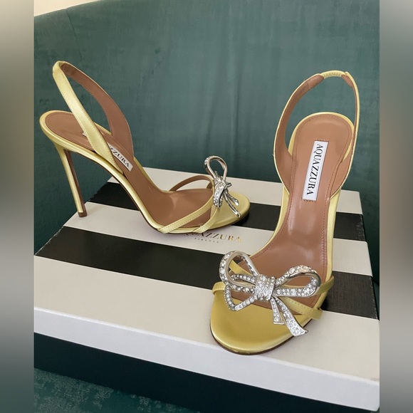 Aquazzura Babe satin slingback sandals with crystal-embellished bow at the toe. - Picture 3 of 9